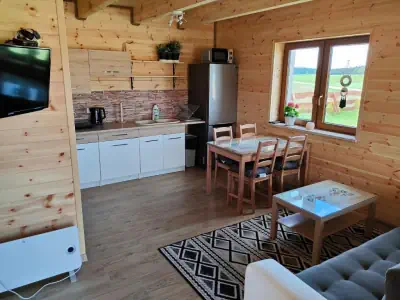 Kuchnia - widoczne liczne szafki z lodówką, w prawej części znajduje się stolik z krzesłami, a także sofa. W lewej części widoczny TV